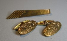 Pair Vintage Gold Tone Mens' Metal Cufflinks and Tie Set - Chain Link and Box