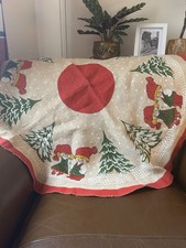Vintage Scandanavian Burlap Tomte Christmas Tree Skirt Tablecloth 37”