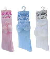 BOY / GIRL SOFT TOUCH POM POM RIBBED SPANISH ROMANY STYLE KNEE HIGH SOCKS 