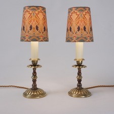 Arts & Crafts pair candlestick lamps brass & porcelain, Liberty shades 1880s UK