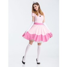 Super Mario Pink Fancy Dress Party Halloween Ladies Princess Peach Costume