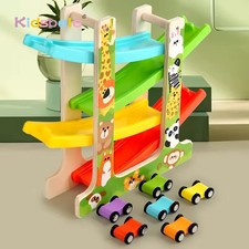 Kids Wooden Glider Montessori Track Car Toy Four Layer Animal Traffic Theme Gift