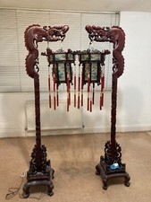 Vintage Chinoiserie Hand Carved Hardwood Oriental Dragon Floor Lamps + Lanterns