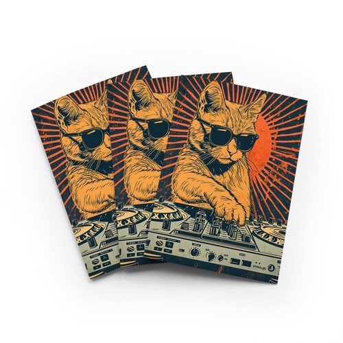 Retro sun cat greeting - retro, dj
