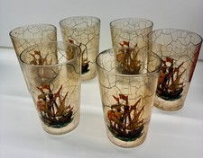 Six vintage crackle glass ship drinking glasses with ships on