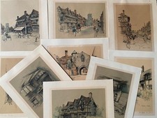 9 HANDCOLOURED PRINTS by MARJORIE C BATES CAMBRIDGE & STRATFORD ON AVON