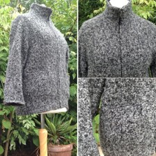 Bouclé Knit Zip-Up Jacket Coatigan Winter Wool-Mix Funnel-Neck Grey UK8 Kaliko