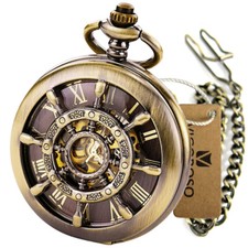 Vintage Pocket Watch Mechanical Double Hunter Rudder Hollow Case Mens with Chain