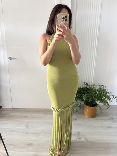 Green fringe maxi - dress, with