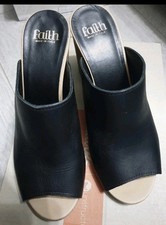 Faith Black Leather Mules slip on block heels size 5 38 sandals