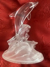 Dolphin On Wave Clear Glass Frosted Base 7” Figurine
