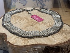 One Button Jewellery Cream Cuff Necklace With Grey & Bronze Beading Adjustable