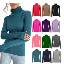 Women's Ribbed Polo Turtle Roll Mock Neck Long Sleeve Jumper Ladies Tops