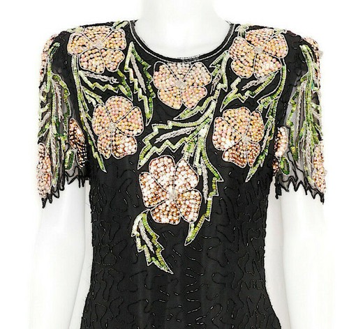 Black beaded silk dress - beaded, pink