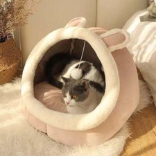 Rabbit-Shaped Small Dog/Cat Cave Bed with Anti-Slip Bottom Hanging Toy Cozy Bed