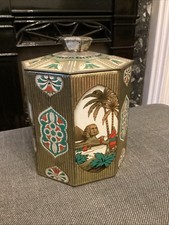 Vintage Egyptian Pyramid Scenes Octogonal Tin Metal Tea Container Box English