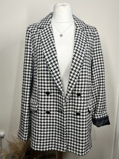 Houndstooth Double Breasted Blazer Jacket UK 14 Black & White Tweed Style
