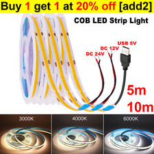COB LED Strip Light Flexible Tape Lights Home DIY Lighting White Warm 5V 12V 24V
