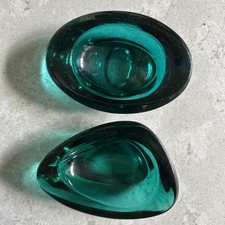 2 Sklo Union Czech glass turquoise bowls/ashtrays oval and triangle 1960s vgc
