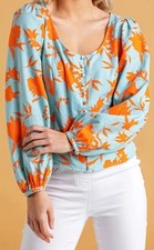 Vintage blouse Top Long Sleeve DUSK Linen Turquoise Orange New With Tag