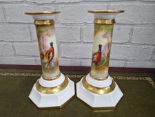 Royal Worcester Former Painter Pair 8" Pheasant Candlesticks Mint Condition.