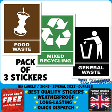 Food Waste Mixed Recycling Bin Stickers – Waterproof Labels for Bins - Pack of 3