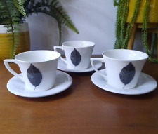 3 x Portmeirion Dusk Cups & Saucers Jo Gorman Ceramic Leaf White Coffee Tea Mug
