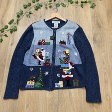 VINTAGE BEADED CHRISTMAS ZIP CARDIGAN SIZE L APPLIQUE KNIT JUMPER by TIARA (xj43