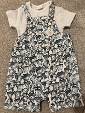 Next baby boys blue bear short dungarees romper bodysuit set 18-24 months