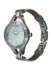 Womens Emporio Armani Watch Silver Stainless Steel Crystal Leather Strap AR7353