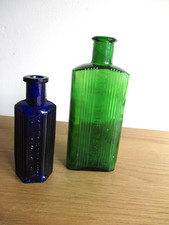 2 Poison Bottles Not to be Taken Cobalt Octagonal and Green Flat Bottle Chemist