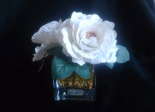 Artificial Silk Flower Arrangement  In Square Glass Vase w Pebbles