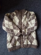 Vintage Ladies Mohair Knit Cardigan Brown Cream Diamond Pattern Medium Large