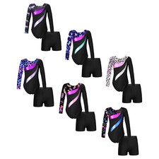 Girls Long Sleeve Gymnastics Leotard Bodysuit with Shorts Tracksuit Dance Outfit