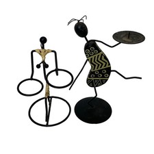 African Tribal art metal & wood candle holder set of 2 11"