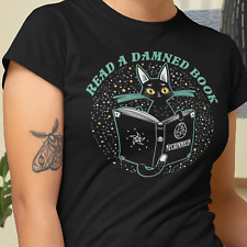 Read A Damned Book Black T-Shirt Top - Cat Occult Necronomicon Dead Goth Witch