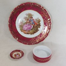La Reine Limoges Red Gold Porcelain Lot of 3 160mm & 47mm Plate Plus Trinket