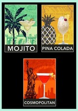 Cocktail Posters Set of 3, Cosmo, Mojito, Pina Colada, Bar Art Posters