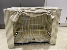 Cozy Silver Dog 30” Metal Crate with Green Heritage Striped Cover & Mattress