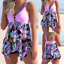 Plus Size Women's Tankini Shorts Set Ladies Swimming Dress with Padded Swimsuit