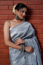 Silver Grey Lichi Silk Saree