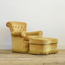 Vintage yellow velvet armchair and footstool