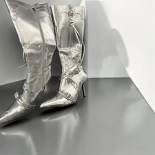 EGO GUNNER EYELET BUCKLE DETAIL POINTED TOE STILETTO HEEL KNEE HIGH LONG BOOTS