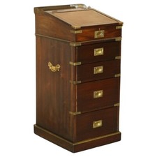 ANTIQUE VICTORIAN BROWN LEATHER BRASS GALLERY MILITARY CAMPAIGN DAVENPORT DESK