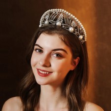 Wedding Bridal Queen Princess Prom Tiara Crown Copper Crystal Big Pearl