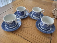 Vintage Churchill Blue White Willow Coffee Cup and Saucer Set of 4