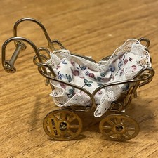 Victorian Style Dolls House Accessories Metal Pram And Bedding