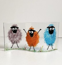 FUSED GLASS WAVE PANEL 3 COLOURFUL SHEEP SCENE ART GLASS HOME DECOR HANDMADE