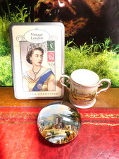 ROYAL MEMORABILIA, PAPERWEIGHT-TIN OF POSTCARDS-TANKARD