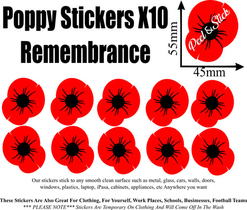 10x remembrance poppy stickers - 10x,